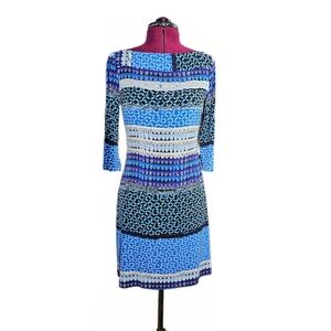 Donna Morgan Blue Sheath Dress Bateau Neckline Patterned Colorblock